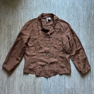 Voice Mocha Brown Linen Blend Long Sleeve Crop Button Down Shirt Blouse Size XL